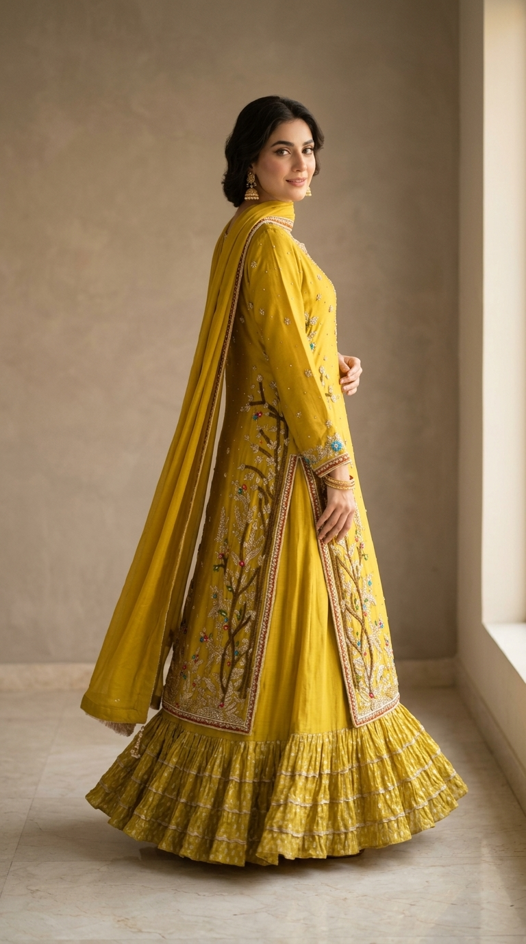 Mustard Gold Floral Embroidered Sharara Set