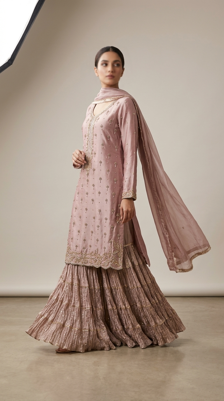 Dusty Rose Embroidered Tiered Sharara Set