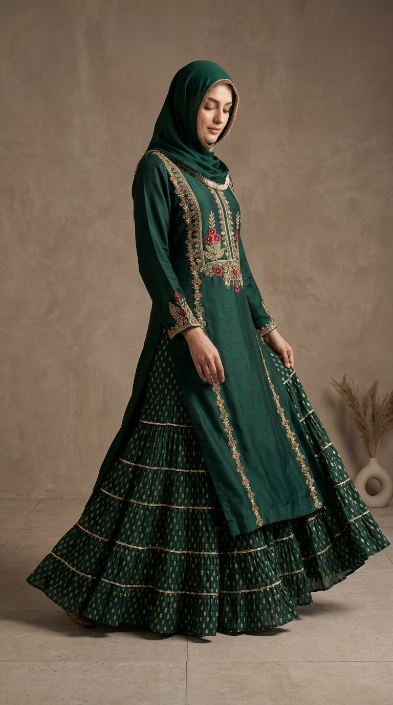 Emerald Green Embroidered Tiered Gharara Set