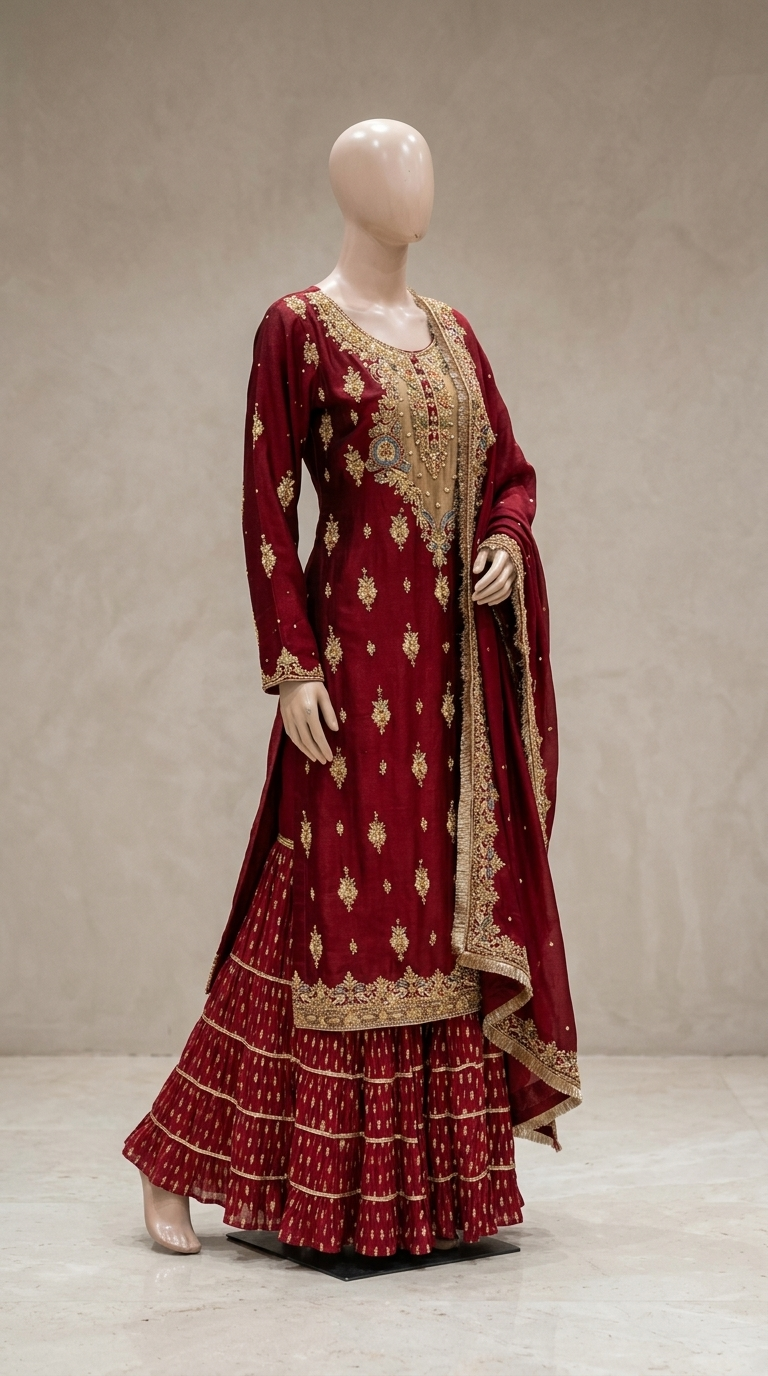 Deep Maroon Heavily Embroidered Gharara Set